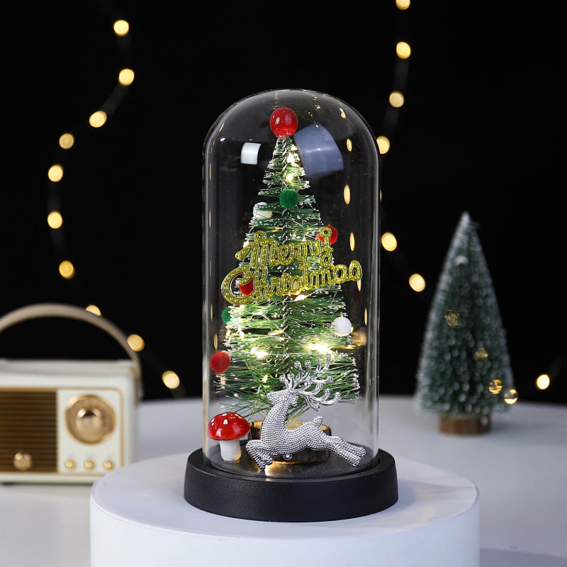 Christmas Gift LED Light Illumination Decorative Ornament Mini Christmas Tree Deer Glass Cover