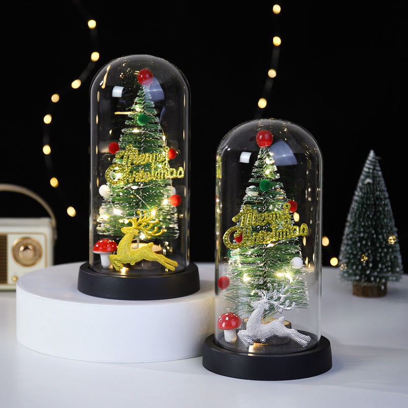 Christmas Gift LED Light Illumination Decorative Ornament Mini Christmas Tree Deer Glass Cover