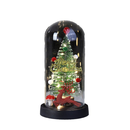 Christmas Gift LED Light Illumination Decorative Ornament Mini Christmas Tree Deer Glass Cover