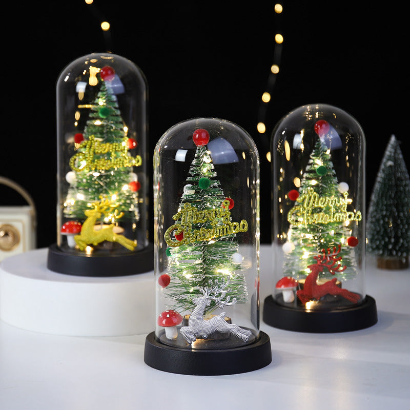 Christmas Gift LED Light Illumination Decorative Ornament Mini Christmas Tree Deer Glass Cover