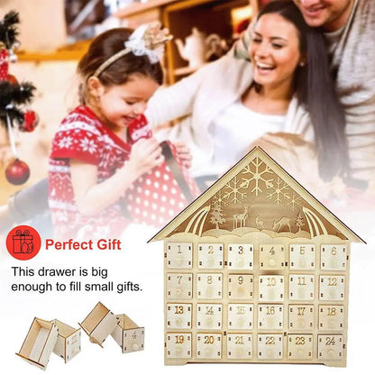 Wooden Advent Calendar with LED Lights - 24 Days Countdown to Christmas, Light Up Tabletop Decor, Creative Holiday Gift for Home